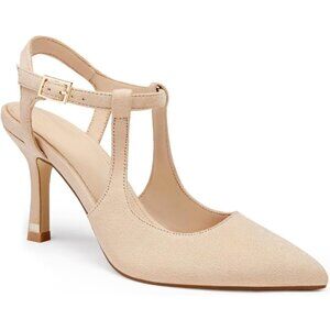 Coutgo Women's Nude 1 Pointed Toe Ankle Strap Patent Leather Stiletto High Heels